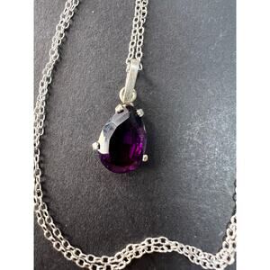 Vintage Sterling Silver Amethyst Teardrop Pendant Necklace 18”